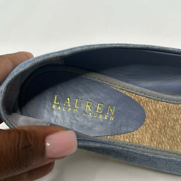 Lauren Ralph Lauren Canvas Chambray Blue Espadrilles Peep Toe Cecilia Wedges 9 - Picture 9 of 10
